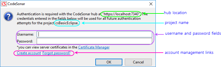 screenshot: hub authentication dialog