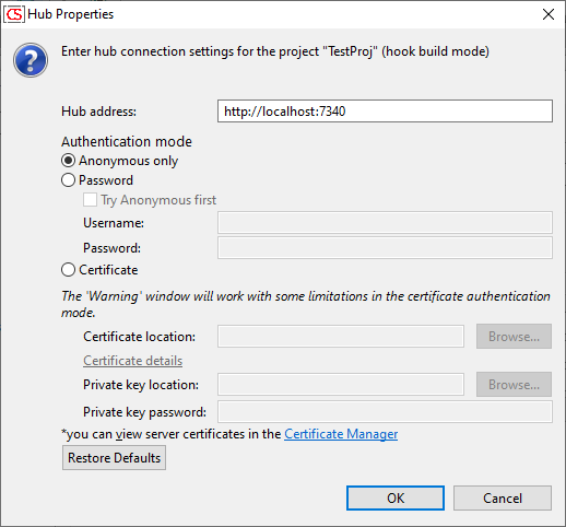 screenshot: hub connection settings dialog