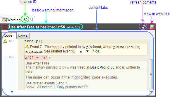 annotated screenshot: Warning view