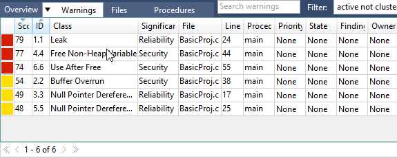 screenshot fragment: Warnings tab