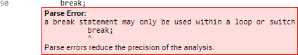 Screenshot fragment: parse error annotation in a warning report