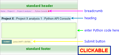 annotated screenshot: Python Console page before any code has been entered or executed