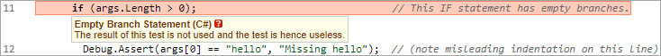screenshot fragment: warning description box for Exmpty Branch Statement warning