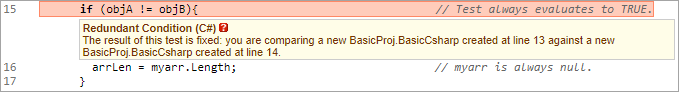 screenshot fragment: warning description box for Redundant Condition warning