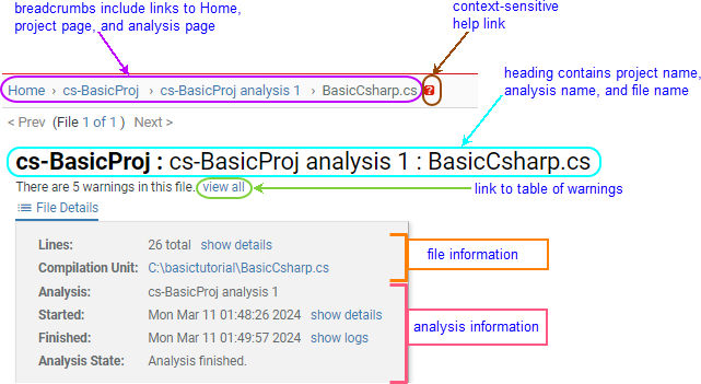 Screenshot: summary information on Source Listing page