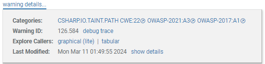 screenshot fragment: warning details for Tainted Path warning