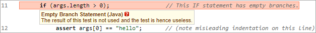 screenshot fragment: warning description box for Exmpty Branch Statement warning