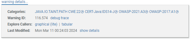 screenshot fragment: warning details for Tainted Path warning