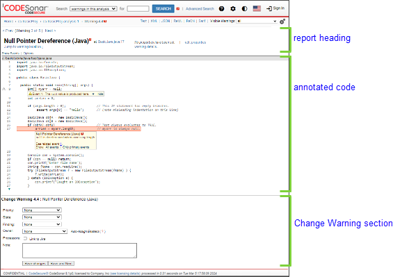 Screenshot: overview of HTML warning report page