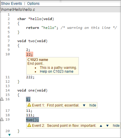 Screenshot fragment: Warning Report showing code excerpt and warning description box