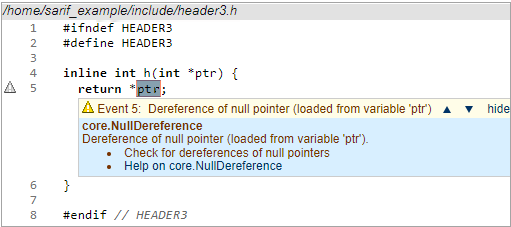 Screenshot fragment: Warning Report showing code excerpt and warning description box