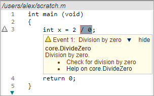 Screenshot fragment: Warning Report showing code excerpt and warning description box